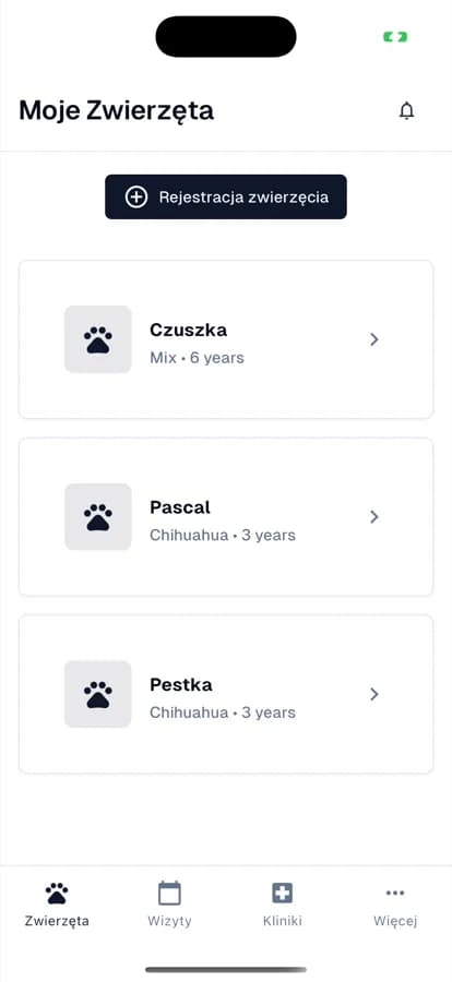 Lista Twoich zwierząt w aplikacji BetterPet