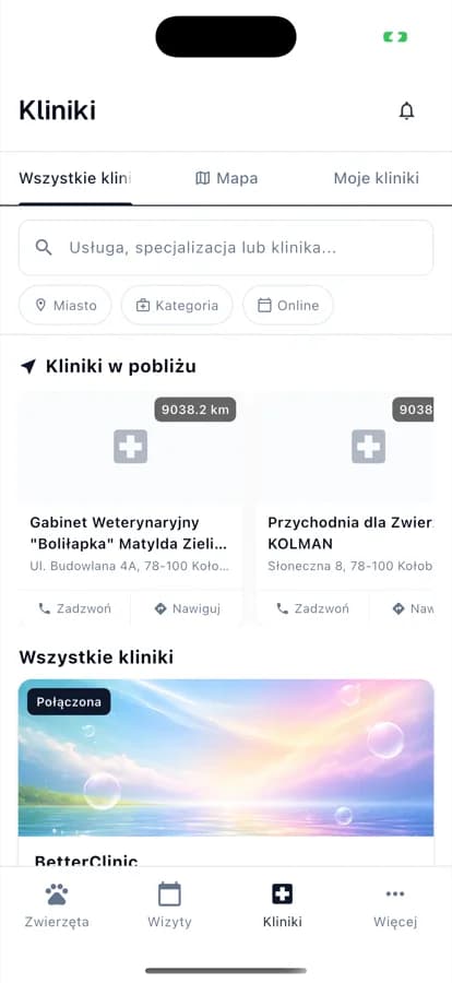 Wyszukiwarka klinik weterynaryjnych w aplikacji BetterPet